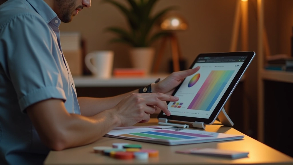 Colour palette designer working with harmonious colour schemes on tablet device