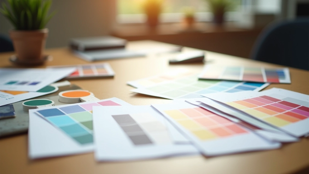 Colour palette swatches arranged on a designer's workspace with tools and notes