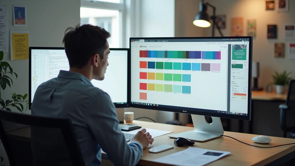 Designer working at desk with Coolors website open, keyboard shortcuts displayed on sticky notes