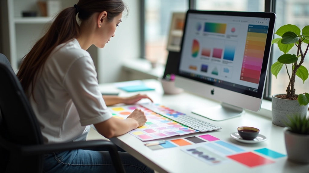 Designer's workspace with colour swatches, pantone guides, and monitor displaying website colour palette