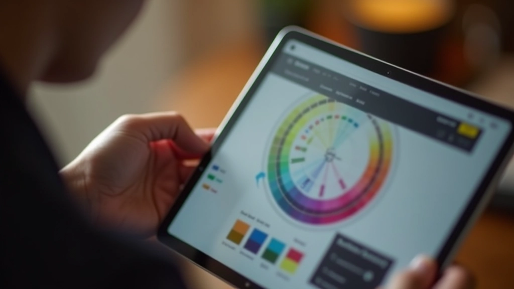 Designer selecting colours from Adobe Color Wheel interface on tablet