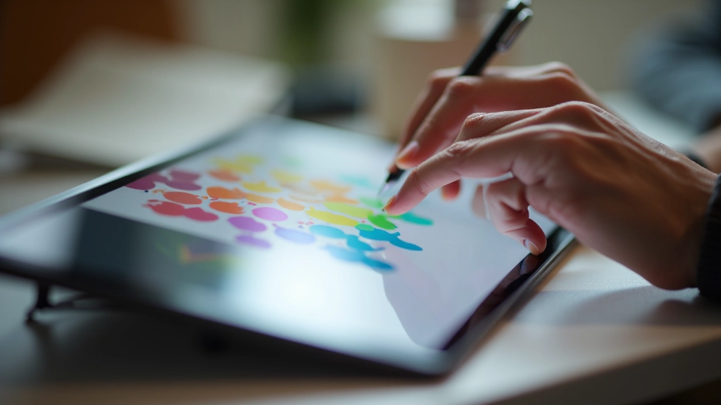 Close-up of designer using colour picker tool on tablet to select triadic colours for design project