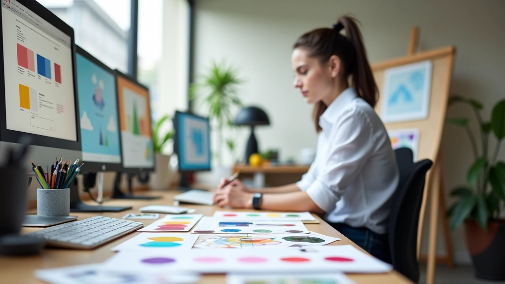 Design studio with colour palette tools and digital displays