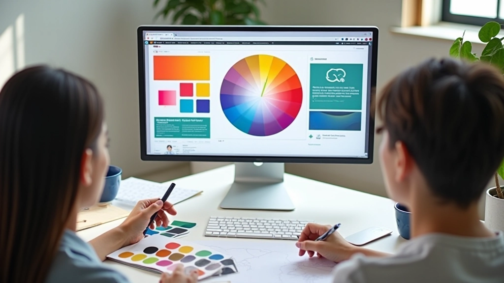 Colour theory principles displayed on designer workstation with colour wheel and palette samples