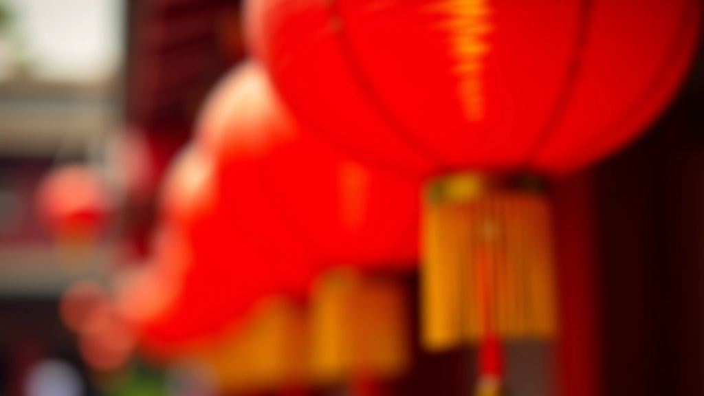 Close-up of red lanterns with gold tassels hanging in traditional Hong Kong temple or market area