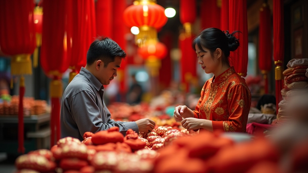 Traditional Hong Kong market stall with vibrant red fabric and gold accents creating strong colour contrast